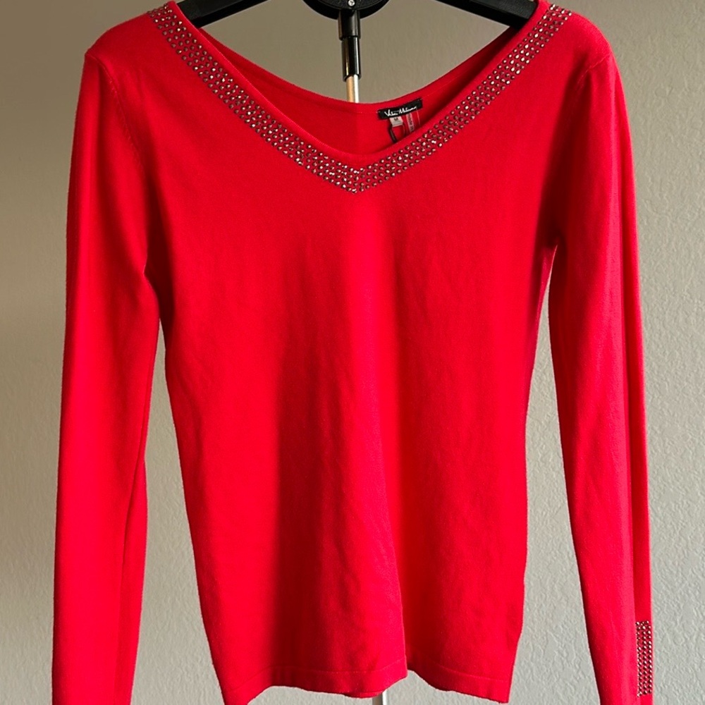 Vila Milano Red Embellished V-Neck Sweater (Size M)